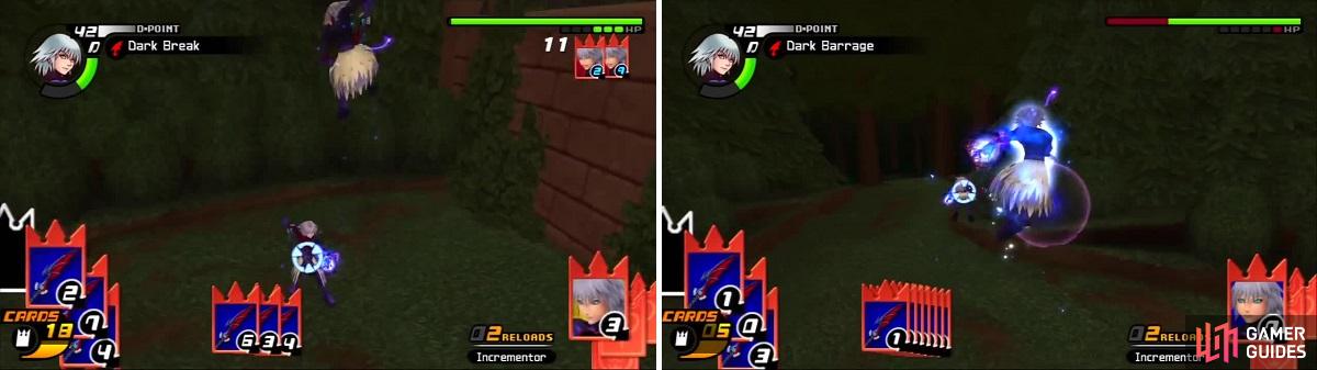 Riku attacks from above using Dark Break (left). Riku Replica loses a duel and pays dearly (right).