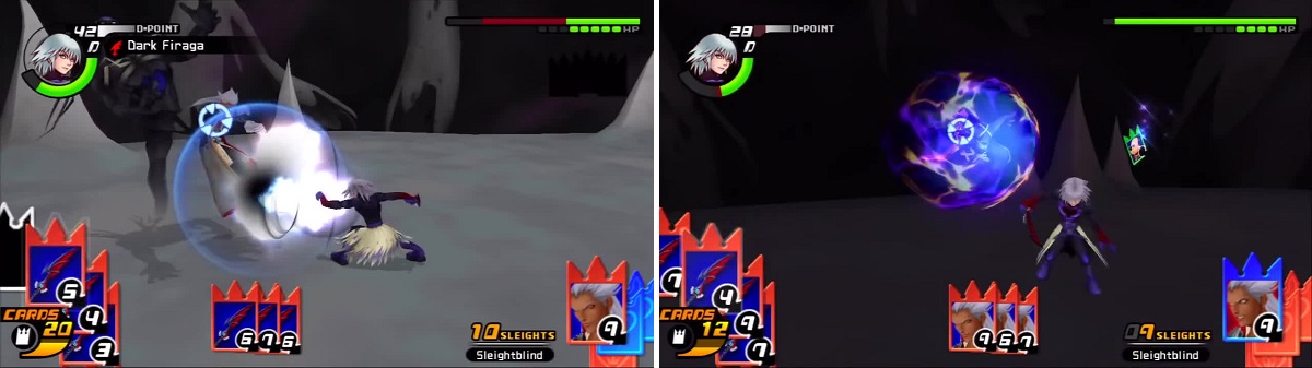 Ansem takes a direct hit from Dark Firaga (left). Ansem uses his Dark Rush attack that can deal a lot of damage (right).