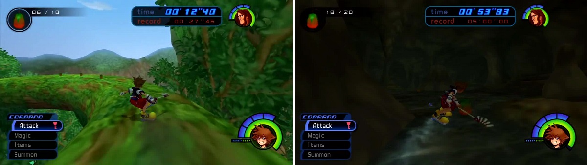 Sora must collect the fruit while sliding through the trees (left) and in caves (right). Take care not to miss one!