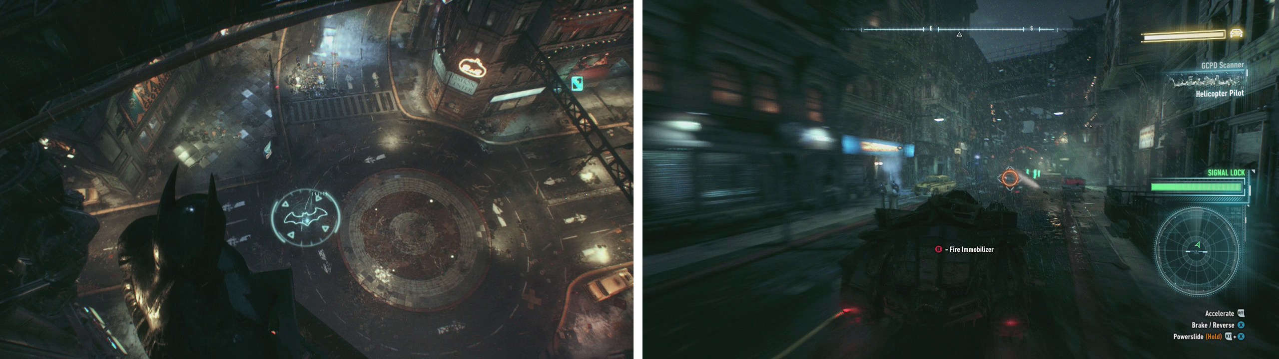 Hit the LB/L1 button to summon the Batmobile (left). Chase down the target and use the Immobiliser (right).