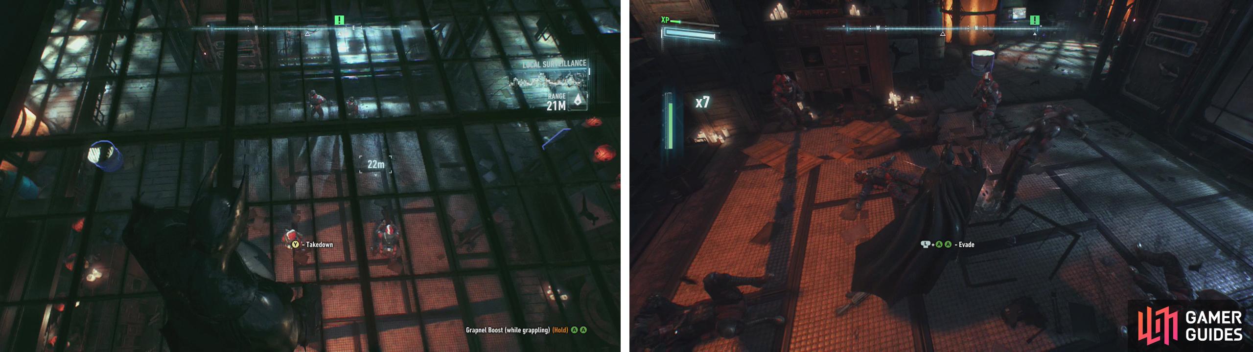 From the skylight use a Takedown on one of the enemies below (left) and then clear out the other Thugs in the room (right).