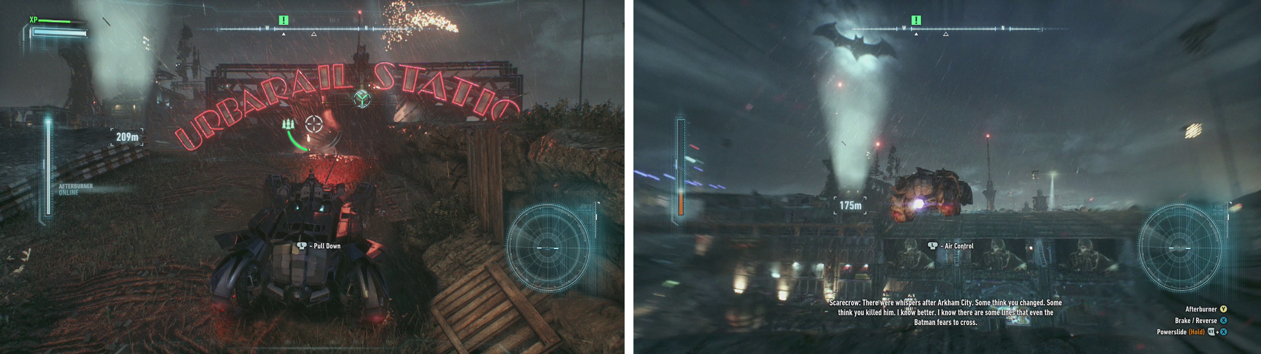 Use the Power Winch to pull down the sign (left). Run up and use Afterburner to jump to the rooftop (right).