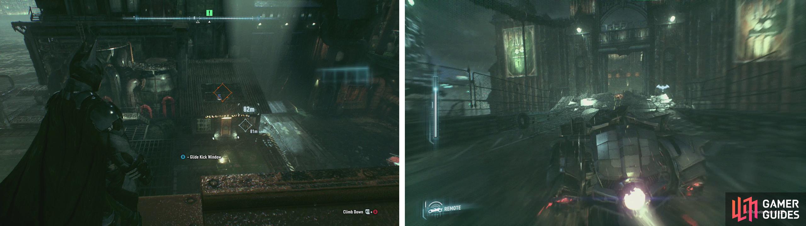 Crash through the window near the gate (left) and use the lever inside. Jump the gap with the Batmobile to enter the compound (right).