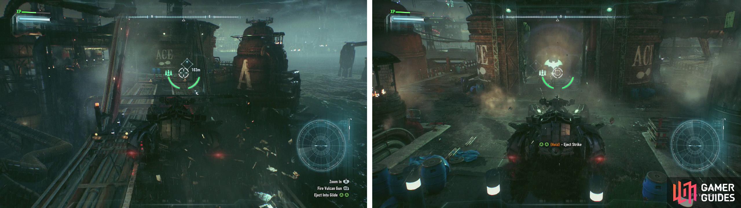 Use Battle Mode to traverse the narrow platform (left). Pull down the weak wall and shoot the enmies within (right).