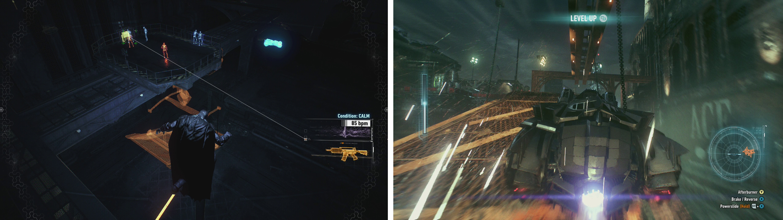 Clear the enemies from the platform (left) to move the ramp. Use the ramp to jump to the next area (right).