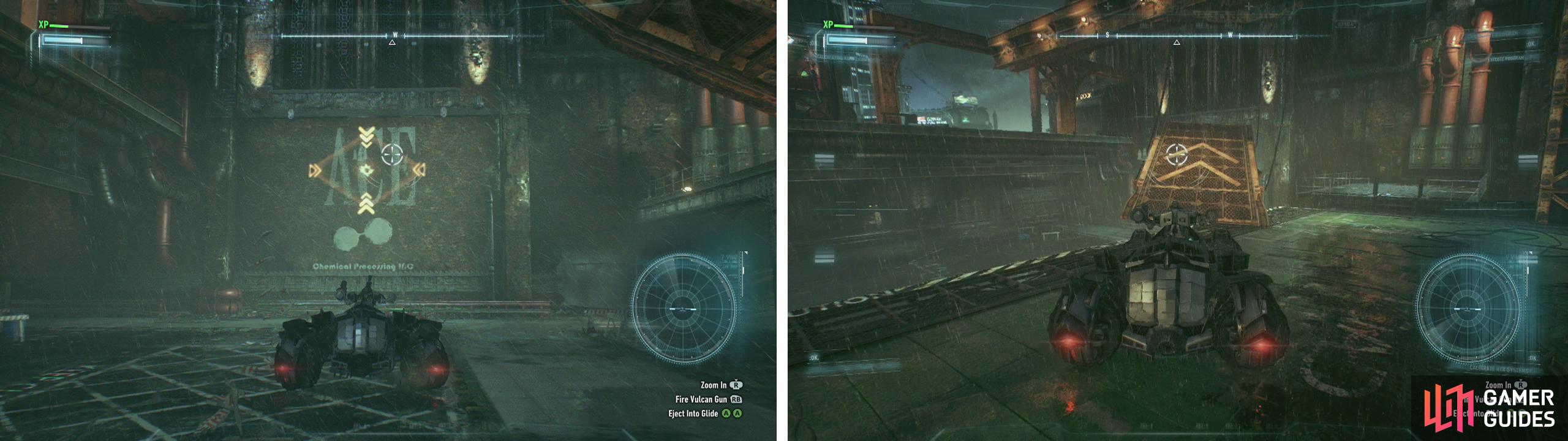 Shoot the weak wall (left). Then re-position the ramp (right) to jump into the hole.