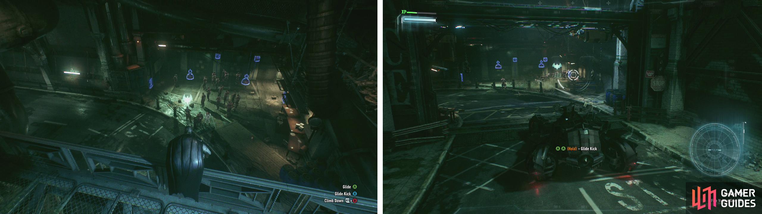 Grapple to the top of the gate (left). Drop down and unlock the door to bring the Batmobile through to fight the enemies (right).