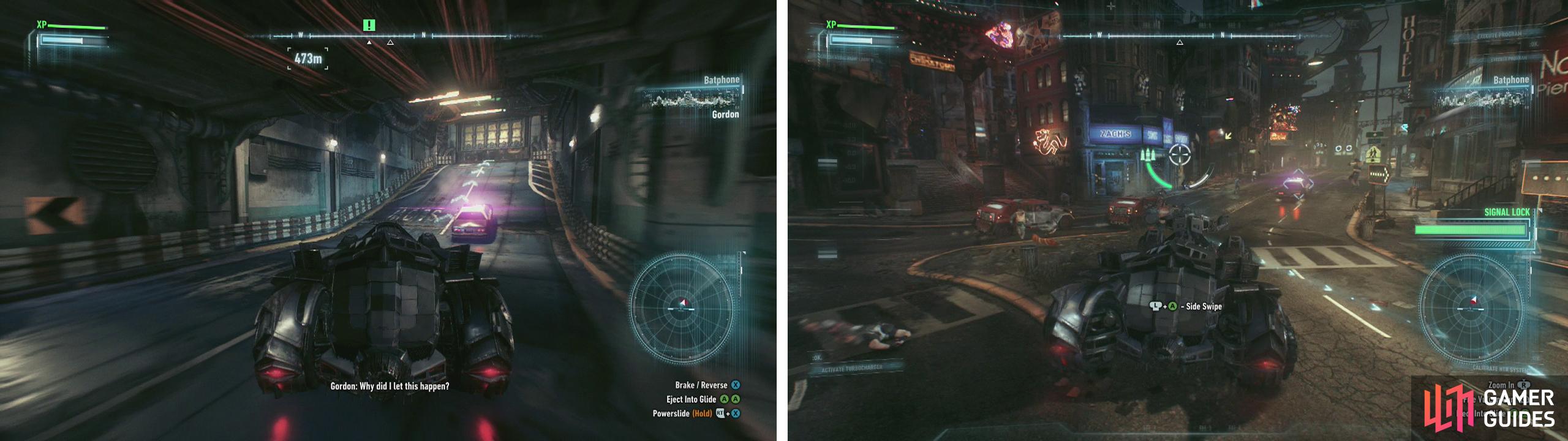 Exit the garage (left) and destroy the vehicles that attack Gordon (right).