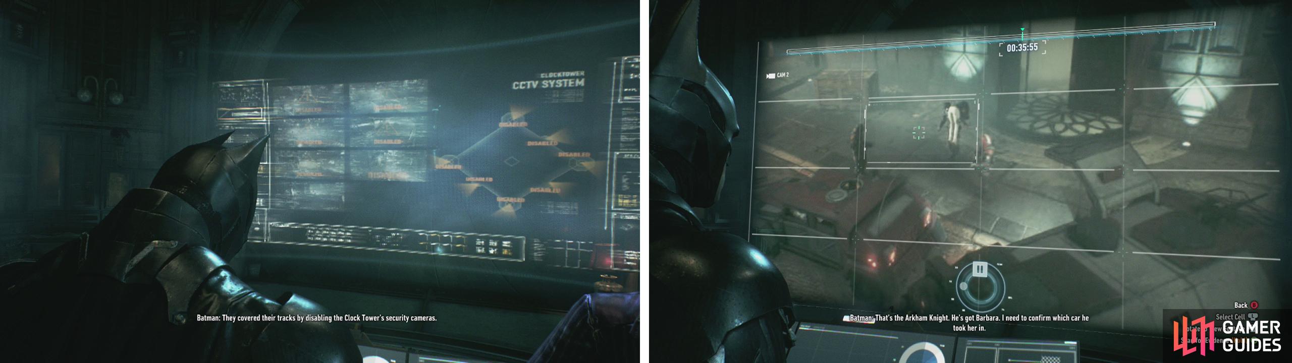 Enter the Clock Tower and use the Batcomputer (left). Scan the video (right) to update the objectives.