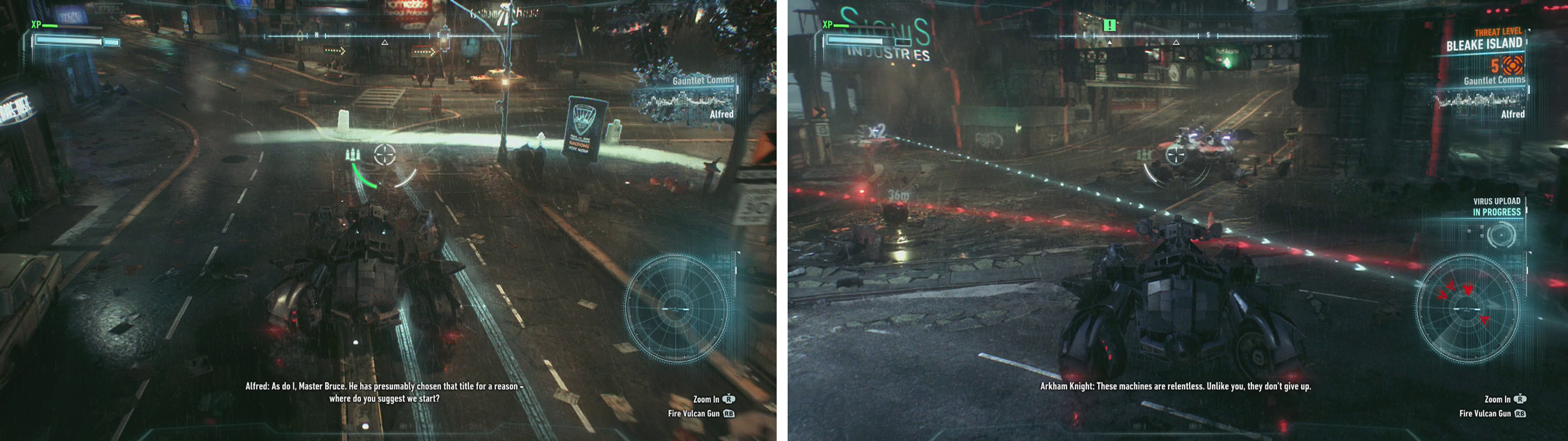 Use the Forensics mode to follow the tire tracks (left). Disarm the bomb and then fend off the Drone Tanks (right).