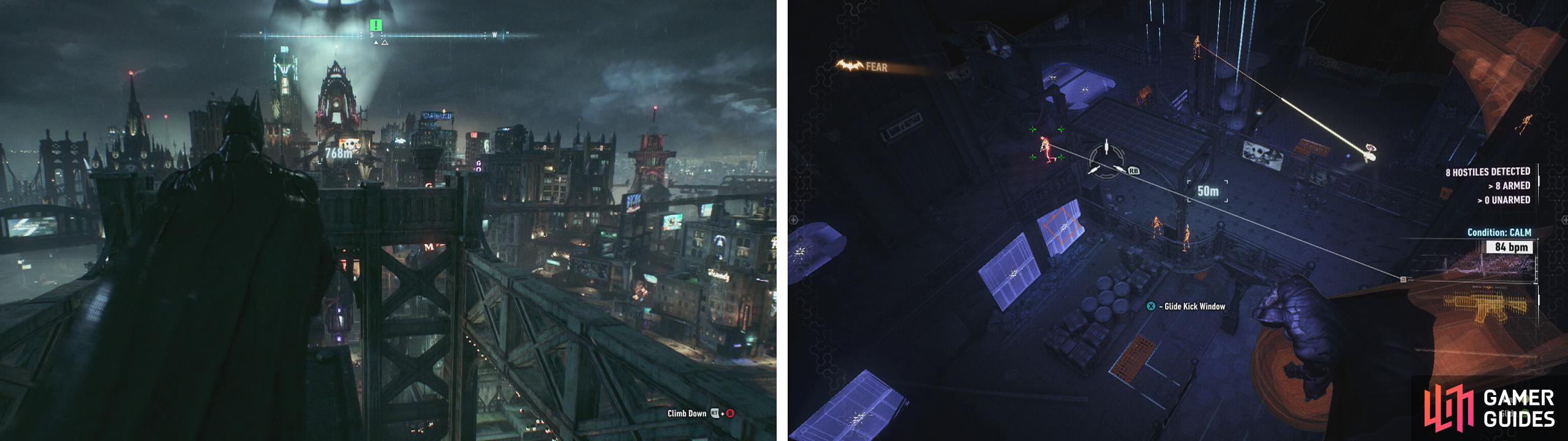 Fly over to Grand Avenue Station (left). Use the vantage points to scope out the area (right).