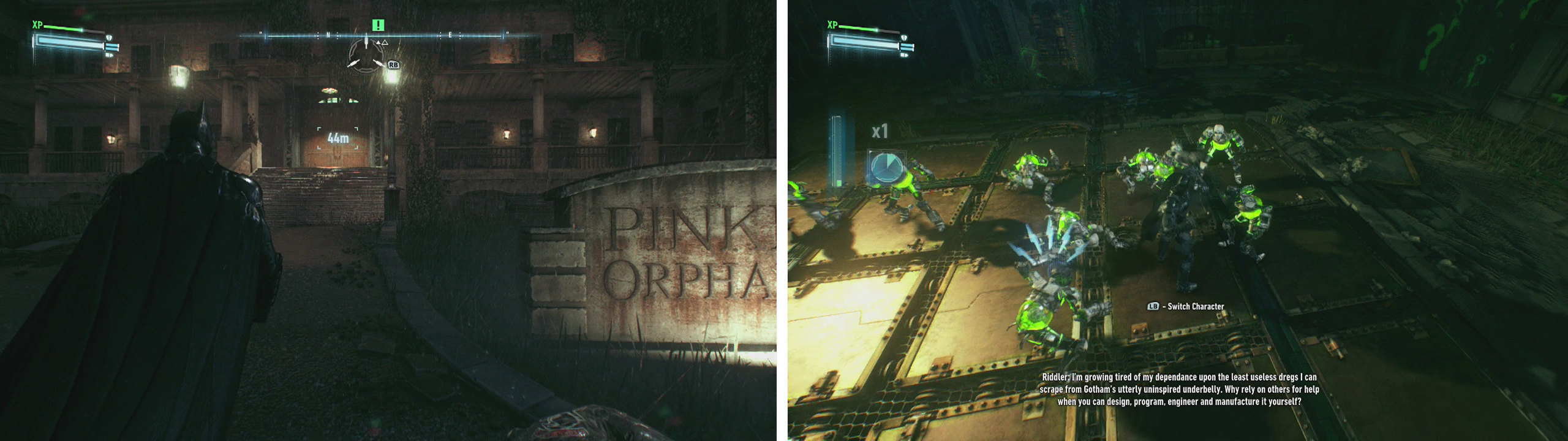 Make your way to Pinkney Orphanage (left). Inside youll need to fight off a group of Riddler Robots (right)