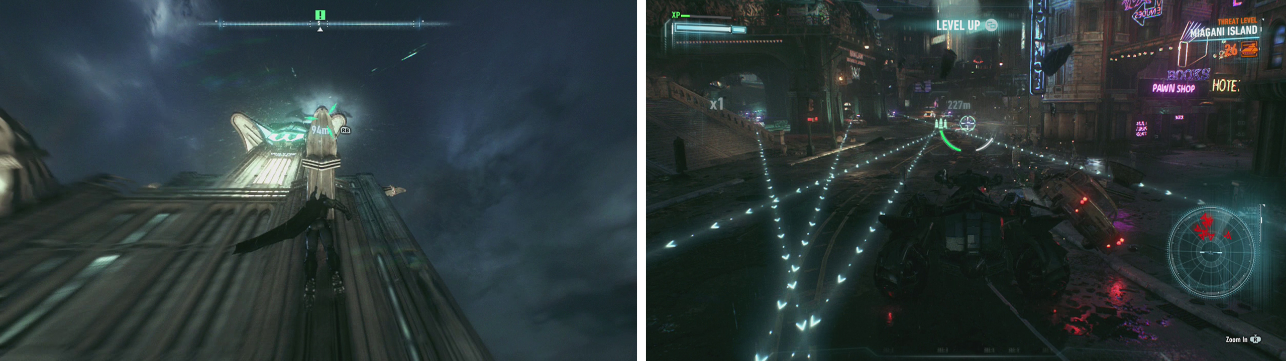 Fly to the top of Wayne Tower (left) for a Batmobile upgrade. Clear out the Drone Tanks from the entrance to the tunnel (right).