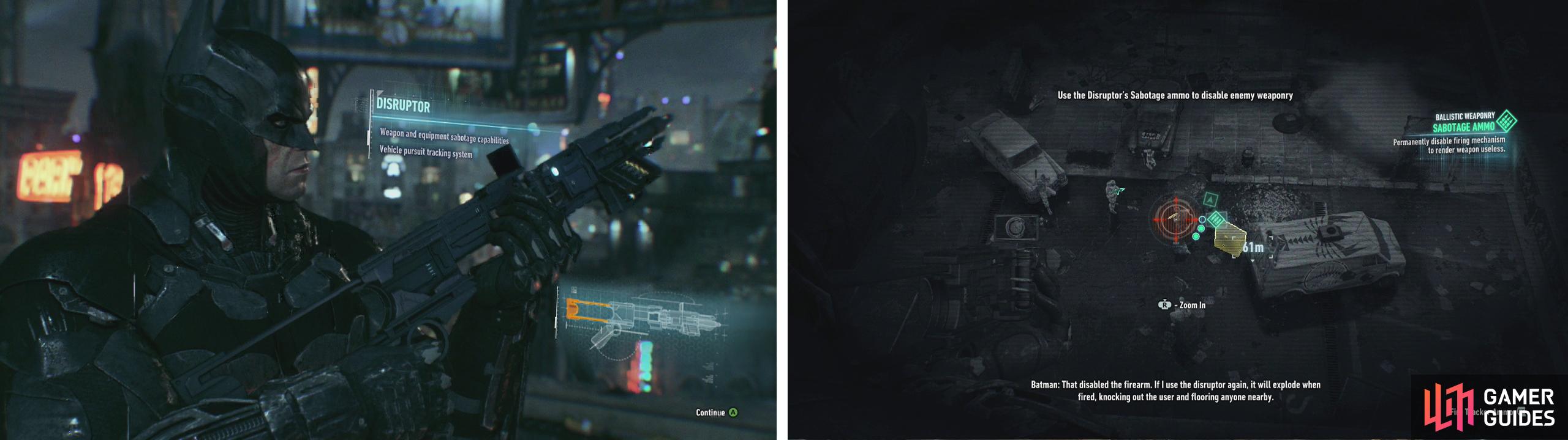 After getting the Disruptor (left) you'll be able to sabotage enemy weapons and weapon crates (right).