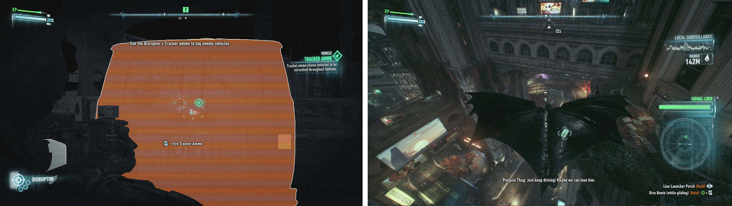 Shoot the Disruptor onto the van (left). Follow the van through the city from above (right).