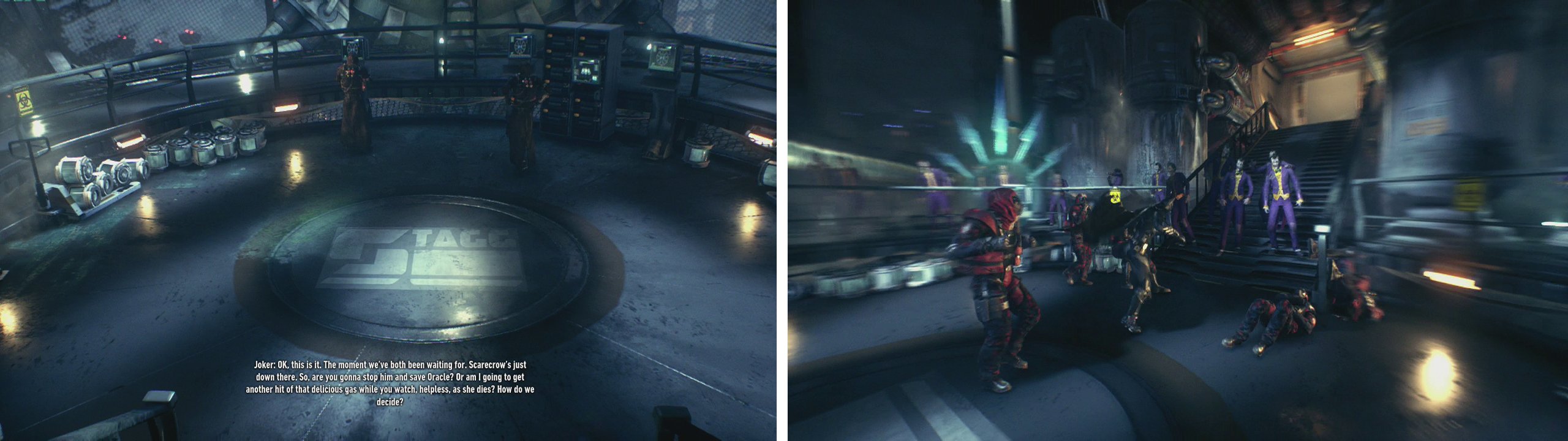 Approach either figure for a scene (left) and then fight off the enemies that appear (right).