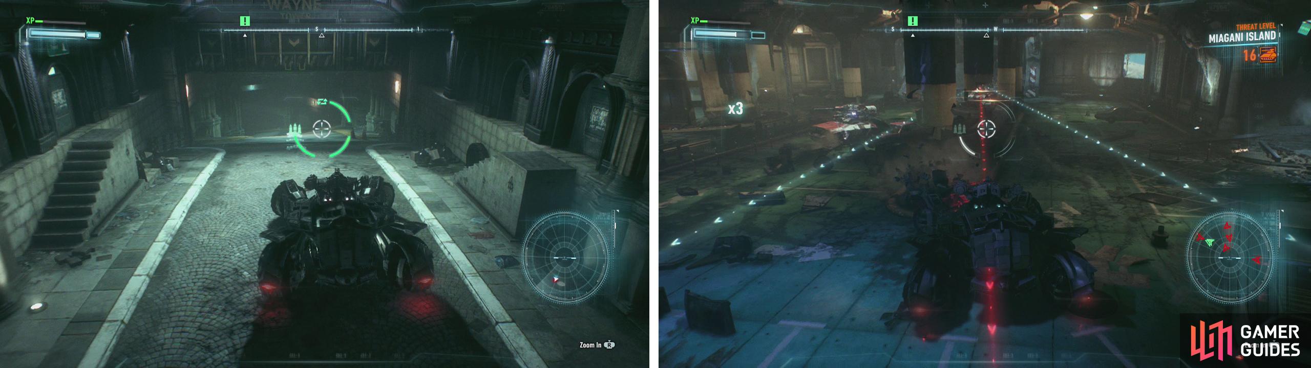 Head into the basement of Wayne Tower (left) for a large-scale Drone Tank battle (right).