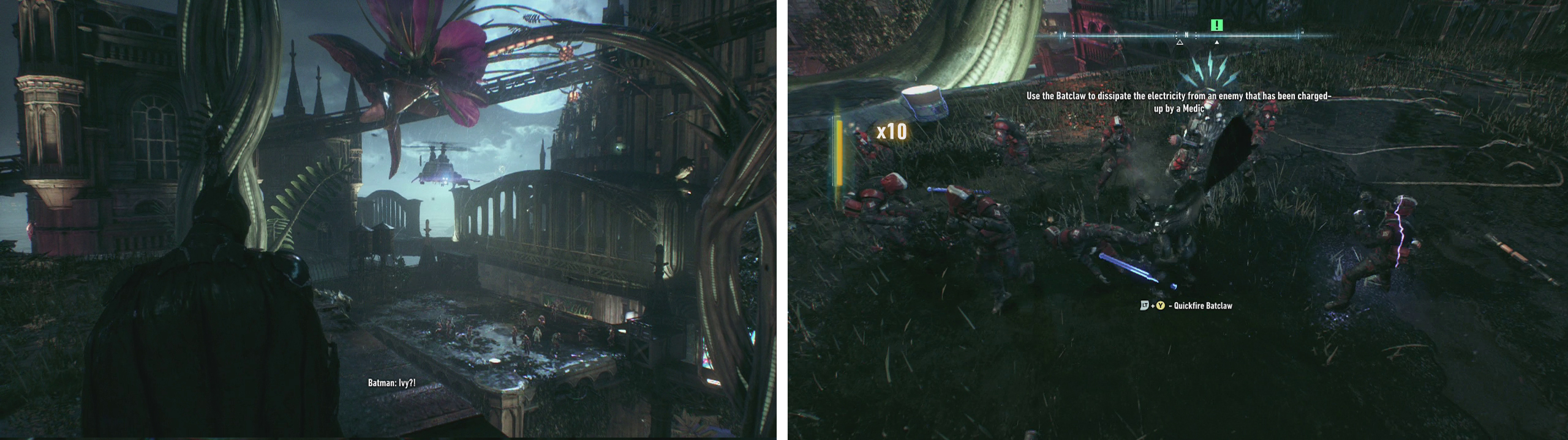 After triggering the plant (left). Fly to the nearby rooftop and take down the enemies in melee combat (right).