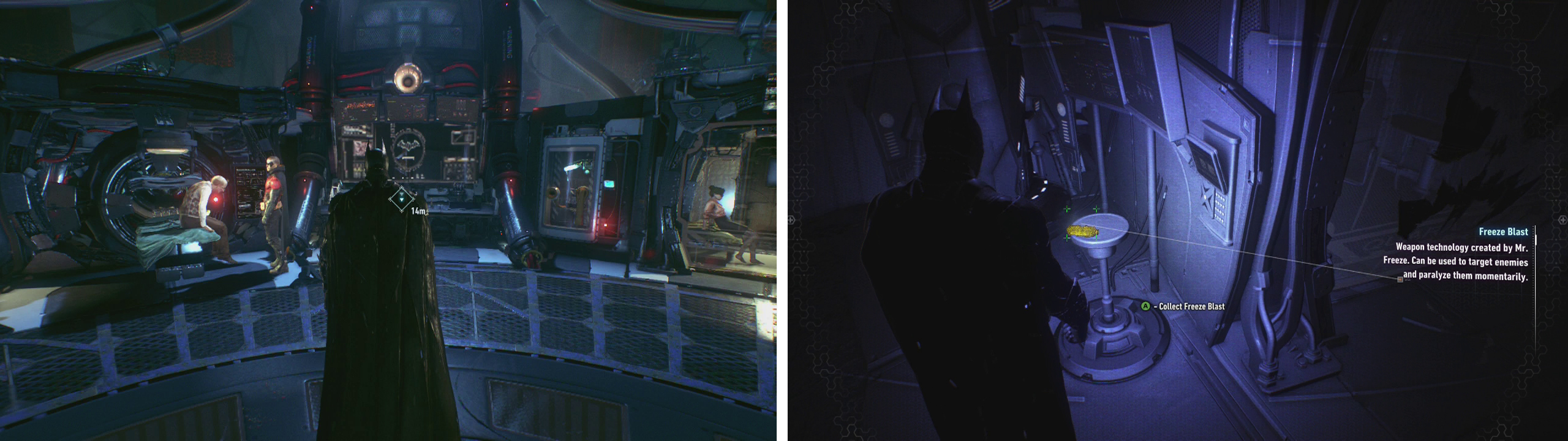Inside Panessa Studios we can talk to Robin (left) and also find the Freeze Blast gadget (right).