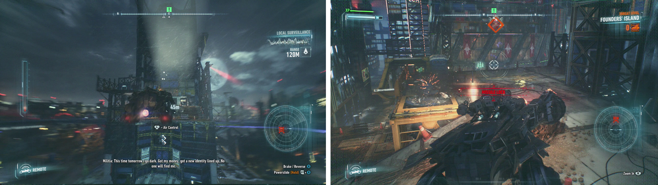 Jump the gap using the ramp (left) and in Battle Mode take out the Missile Turret (right).