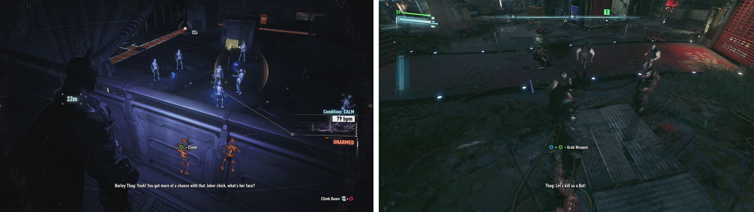 Use the Dirsuptor to disable the guns (left) and then jump in to fight the enemies below (right).