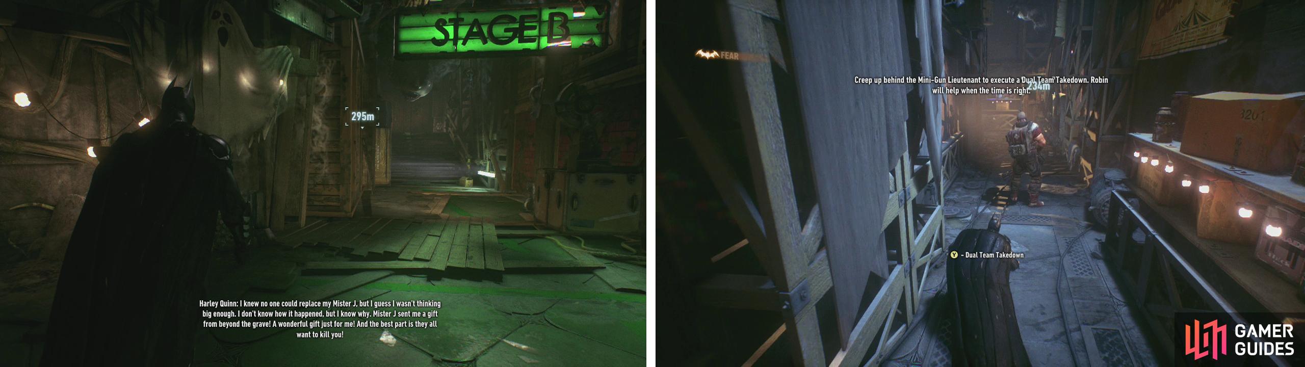 Enter Stage C first (left). Sneak up behind the Minigunner and perform a dual takedown (right).