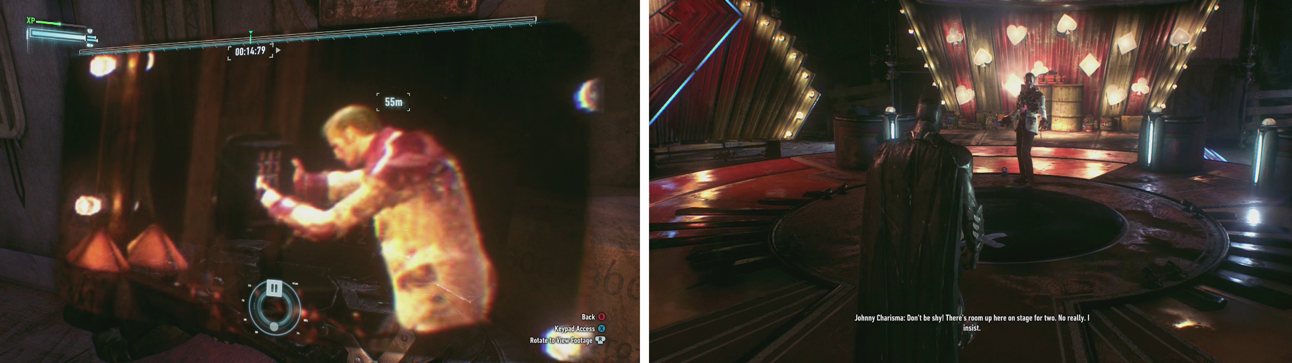 In the video look in the mirror to find the pass code (left). Approach the fellow on the stage (right).