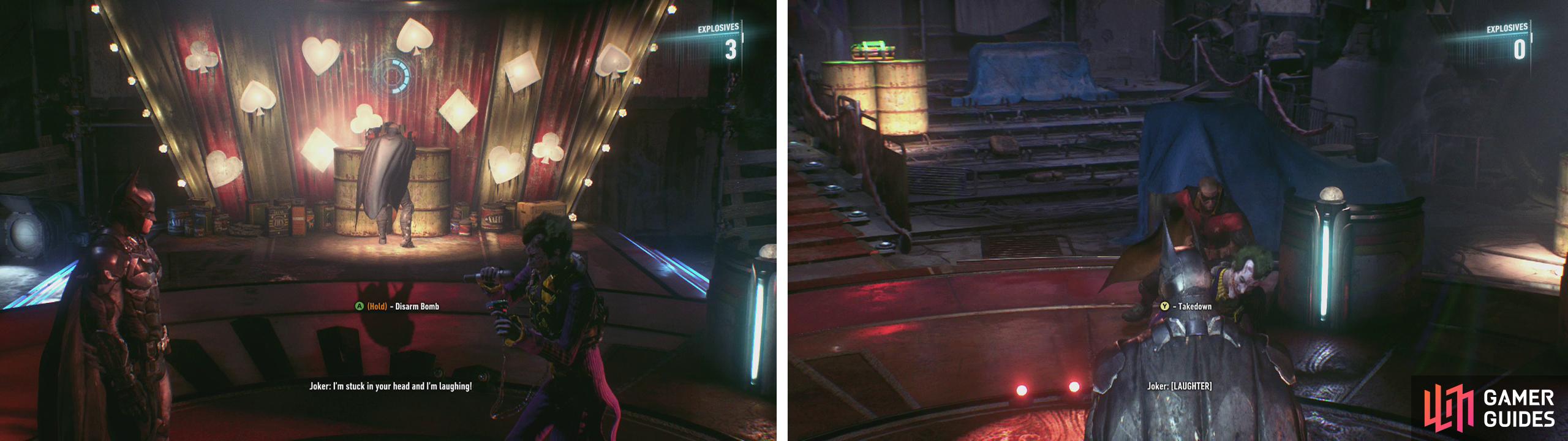 Walk around the room and disarm all the bombs (left) and then sneak up and perform a takedown (right).