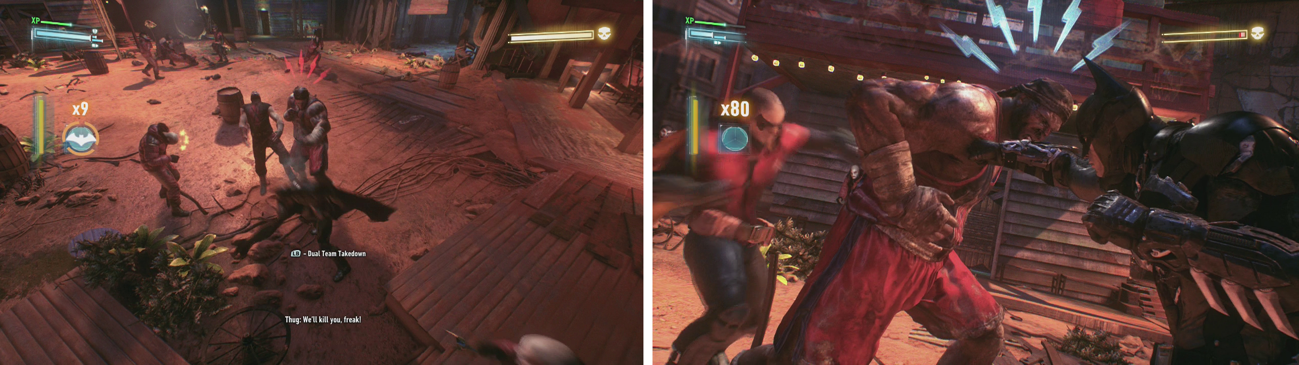 Fight the enemies (left) and then use a dual takedown to damage the boss (right).