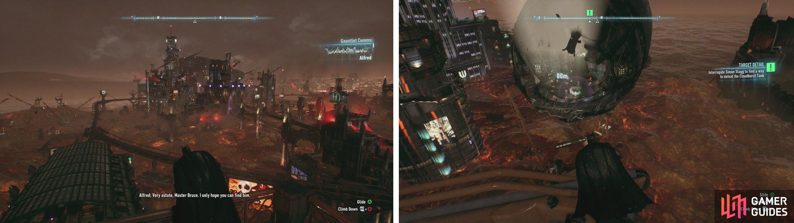 The city will now be shrouded in gas (left). Fly over to Founders' Island and the air ships (right).