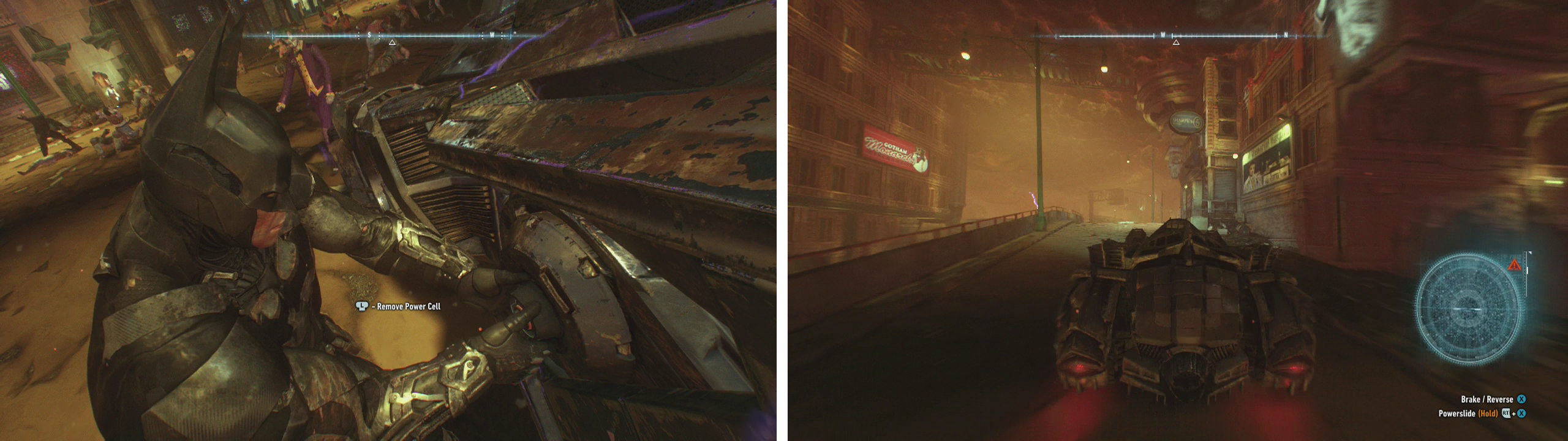 Exit the airship and fly over the objective marker (left). Remove the cylinder from the Batmobile and replace it (right).