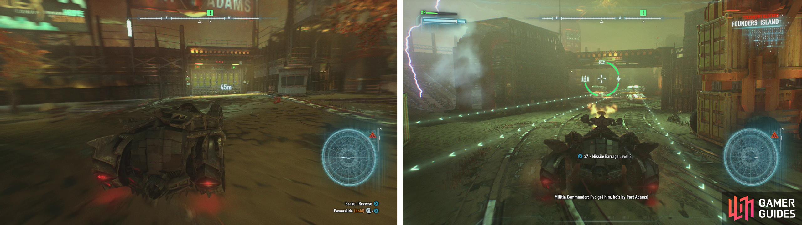 Enter Port Adams (left) and fight off the Drone Tanks within (right).