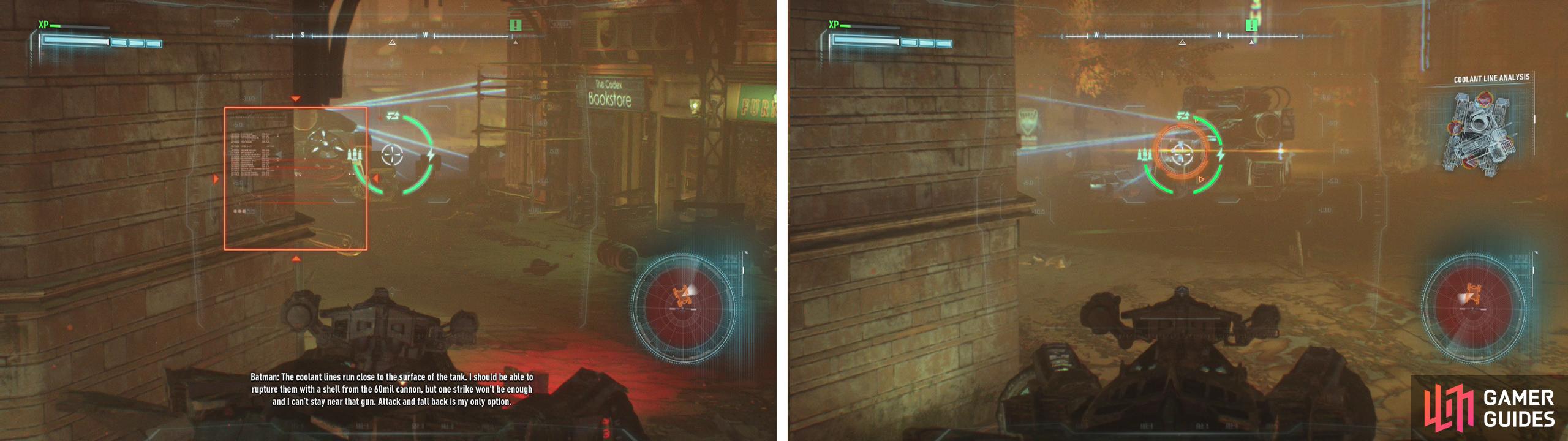 Scan the Cloudburst to reveal the weaknesses (left). Sneak up on it and shoot the weak spots one at a time (right).