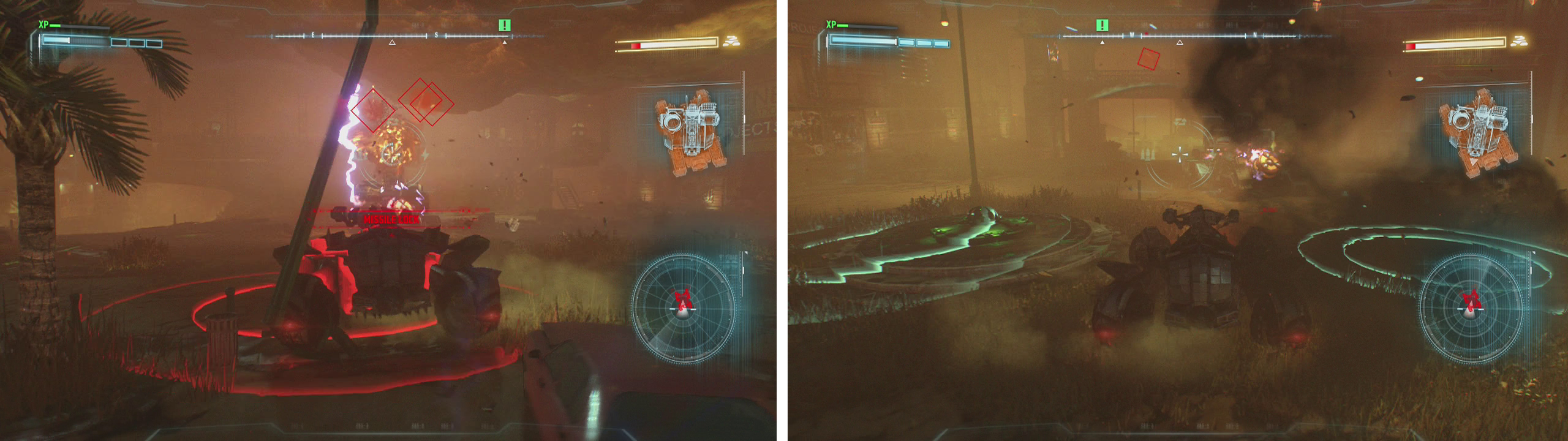 Use dodge to avoid the red grenade indicators and shoot down the missiles (left). Focus on shooting the yellow weak spot on the front of the tank (right).