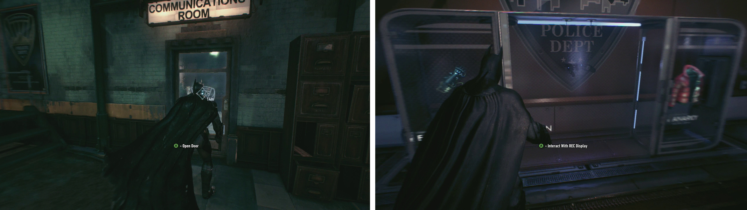 In the GCPD precinct go to the Communications Room (left). Head to the Evidence Room and grab the Remote Electrical Charge gadget (right).