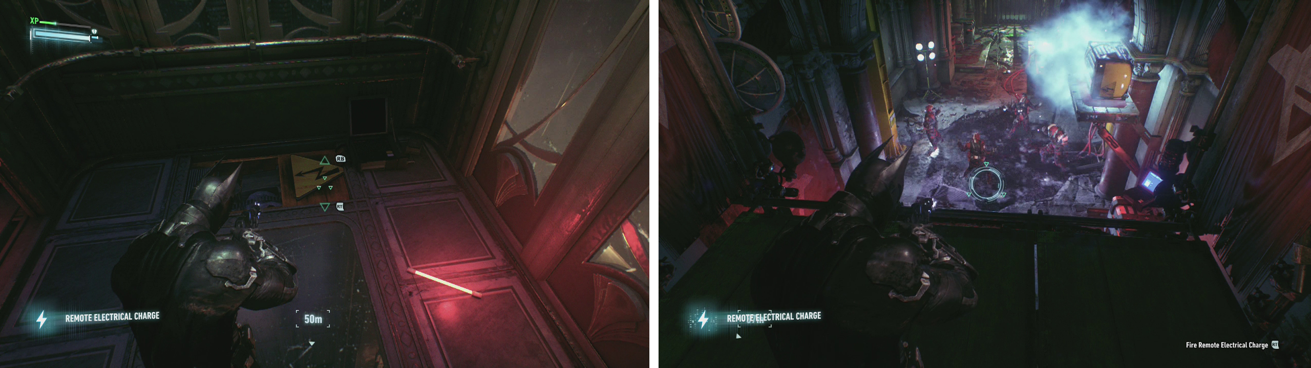 Use the Remote Electrical Charge on the generators (left) to move the lift. You can also use it on the generator (right) to deal with the enemies below.