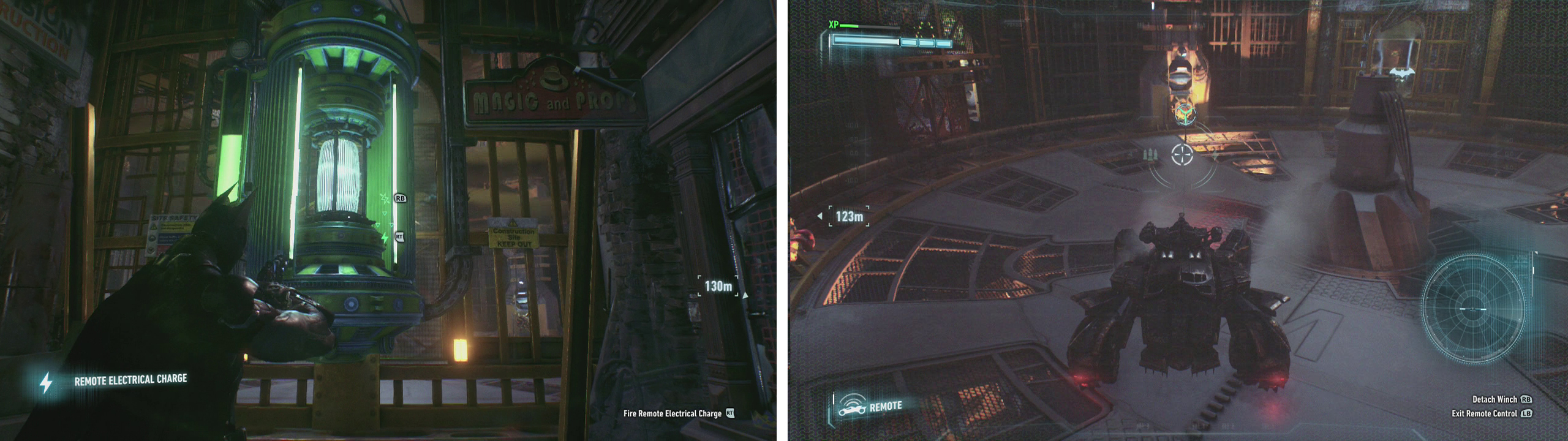 After disabling the second generator (left) lower the Batmobile to the bottom of the room and use the anchor points to lower the floor (right).