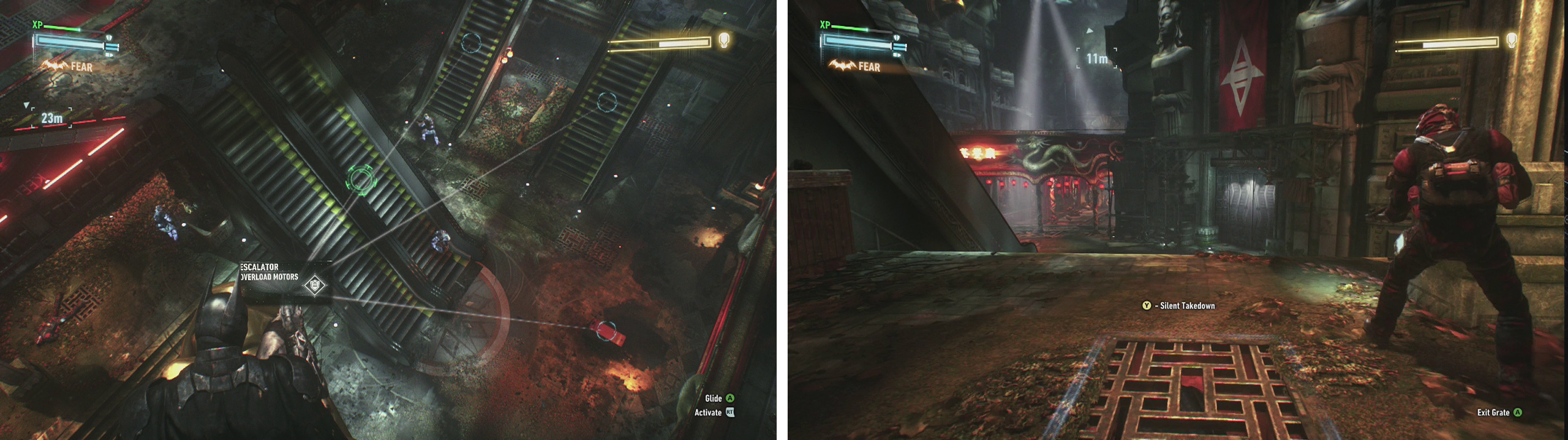 Use the escalators to create distractions (left) and the vents for silent takedowns (right).