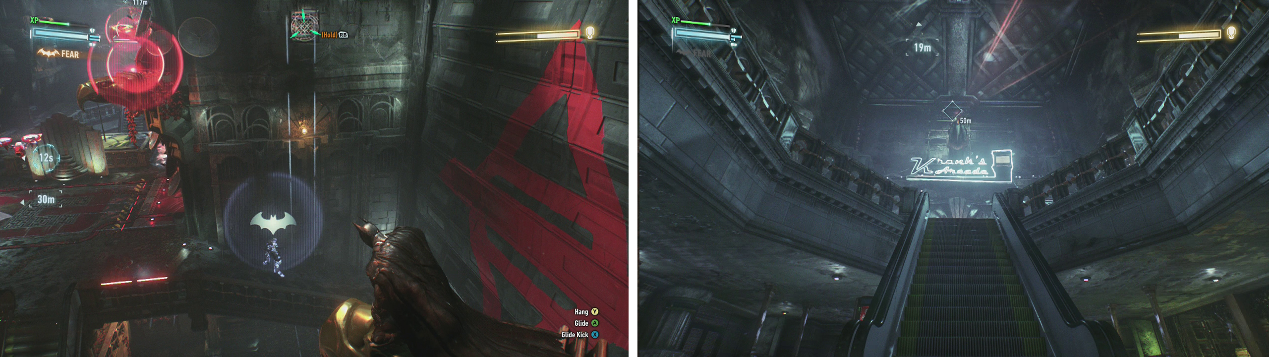 Watch out for mines being planted on vantage points (left). Use the floor and the stairs to position yourself below the Knight a third time (right).