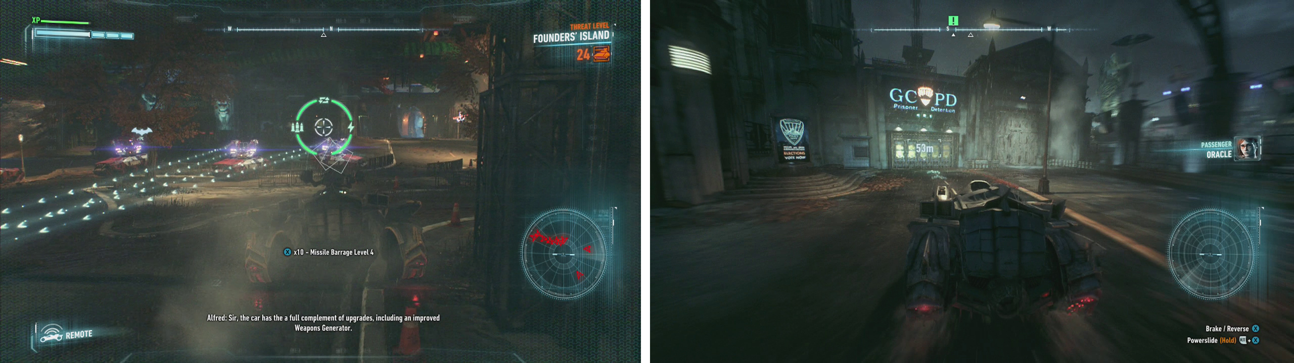Take out the squadron of Drone Tanks (left) and then return to the GCPD precinct (right).