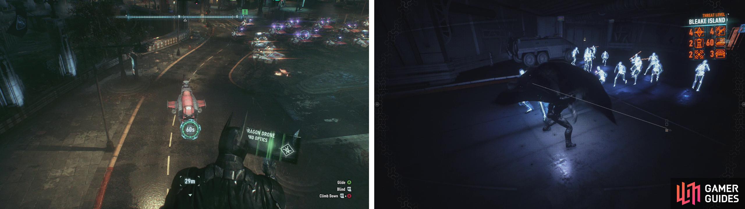 Use the Remote Hacking Device on the Dragon Drone (left) and then duck into the garage to take on a large number of militia (right).
