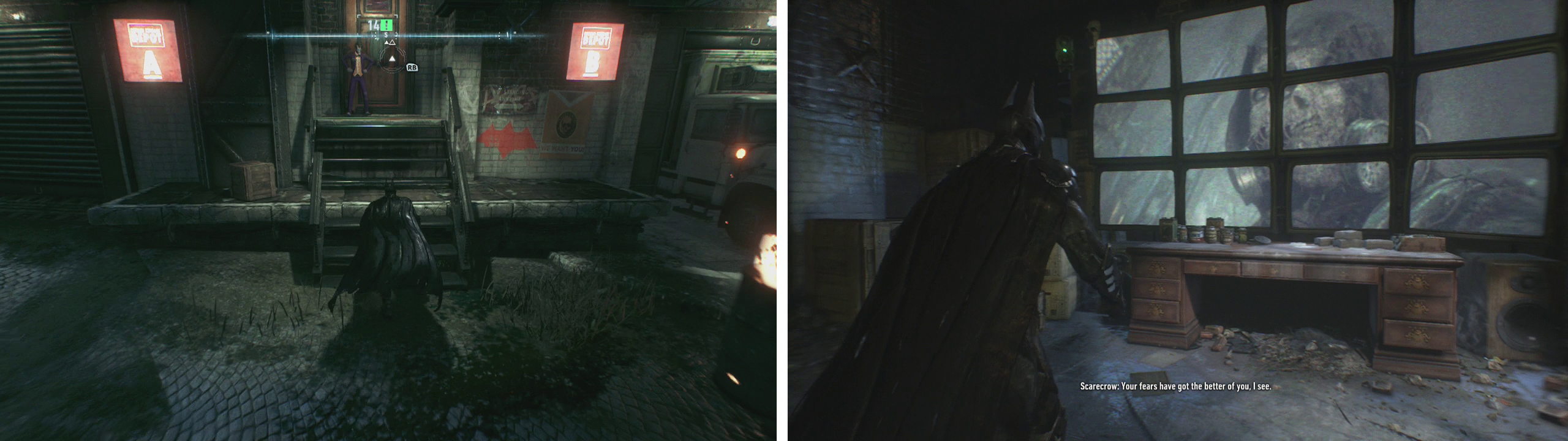 Head to the doorway beneath Mercy bridge (left) and place your gadgets on the table below the televisions (right).