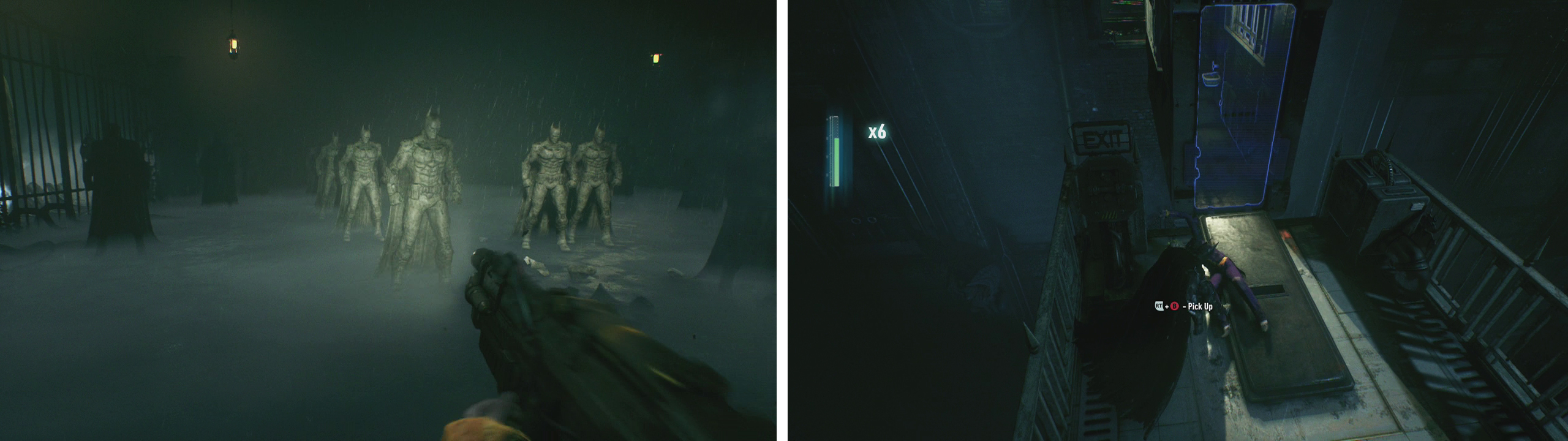 Destroy the statues until a scene plays (left).Youll need to perform a environmental takedown to end the final fight (right).