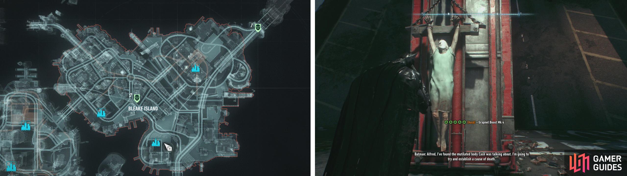 The bodies on Bleake Island can be found at these locations (left). All of the bodies appear chained to walls (right).