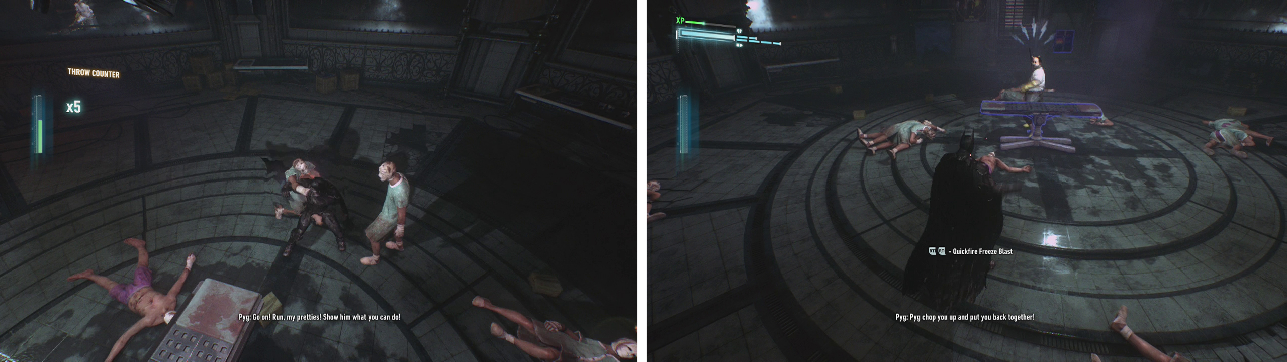 Defeat the Dollotrons (left) before focusing on the boss. Counter the throwing knives (right).