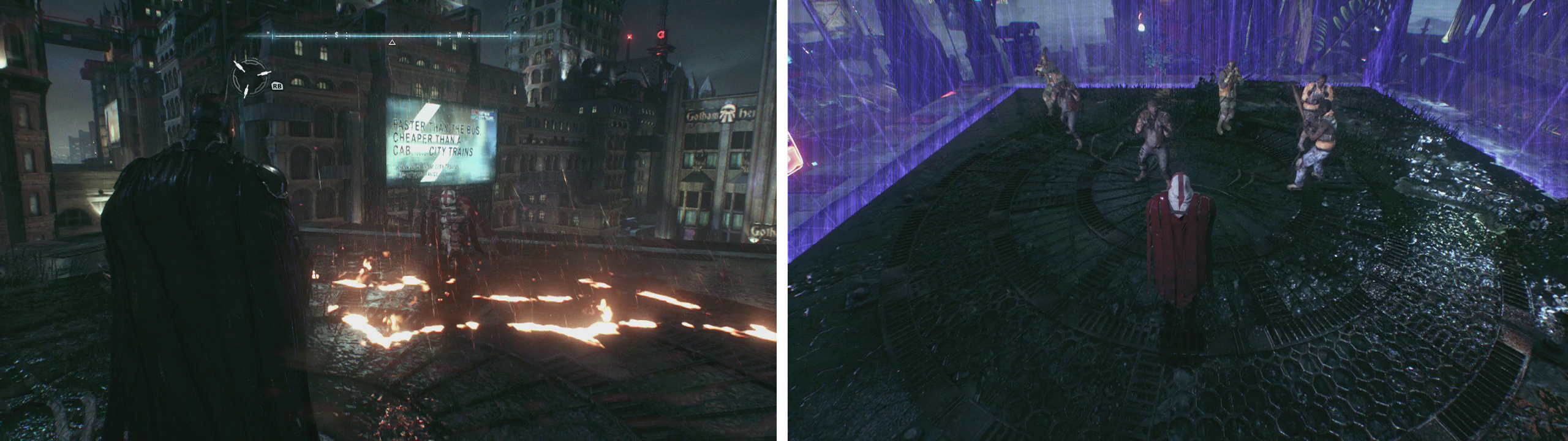 You'll find Azrael by burning bat symbols (left) and you'll have to complete combat challenges (right)