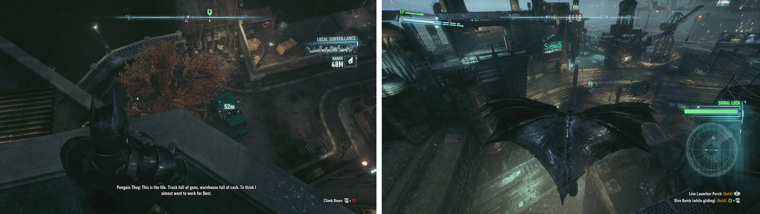 Find and shoot the target van with a Disruptor (left). Follow it to its destination (right).