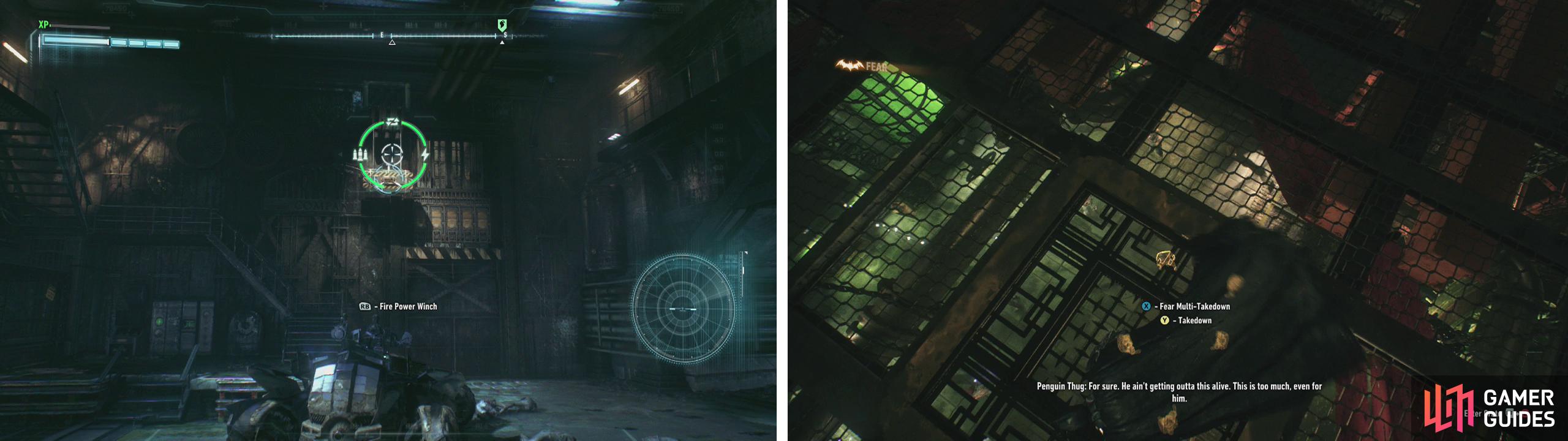 Pull the counterweight to open the door (left). Drop down through the roof using a Fear Multi-Takedwon to kick off the fight (right).