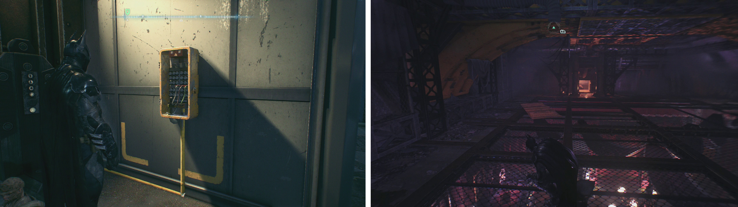 After clearing the roof use the switch to open the elevator (left). Drop through the series of floor hatches to reach the vault room (right).