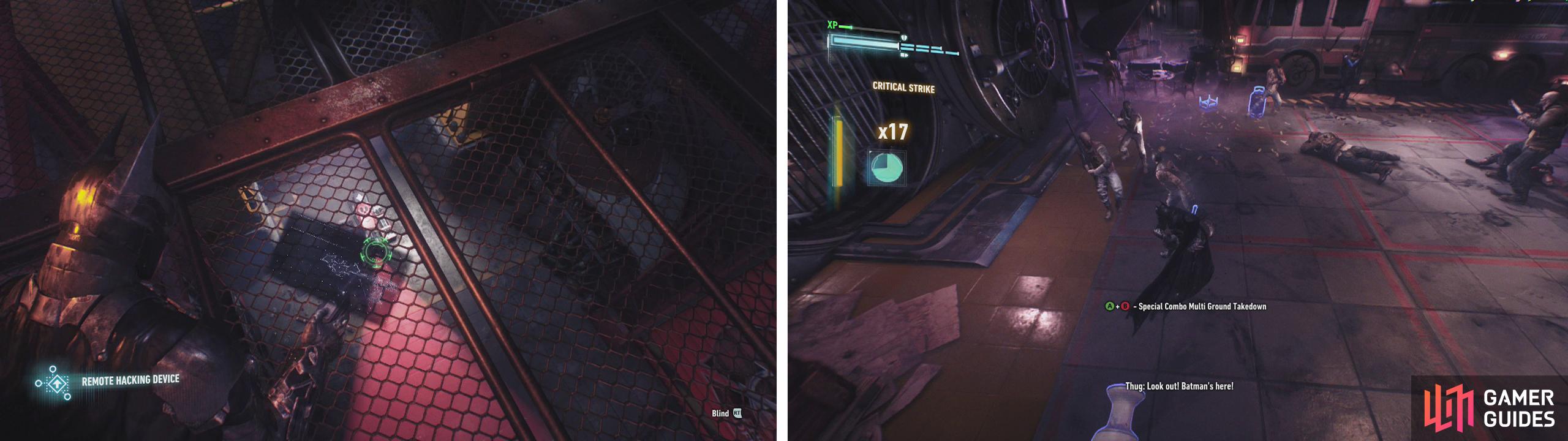 Disable the Sentry Turret from above before dropping down (left). Free Nightwing and fight the enemies in the vault room 9right).